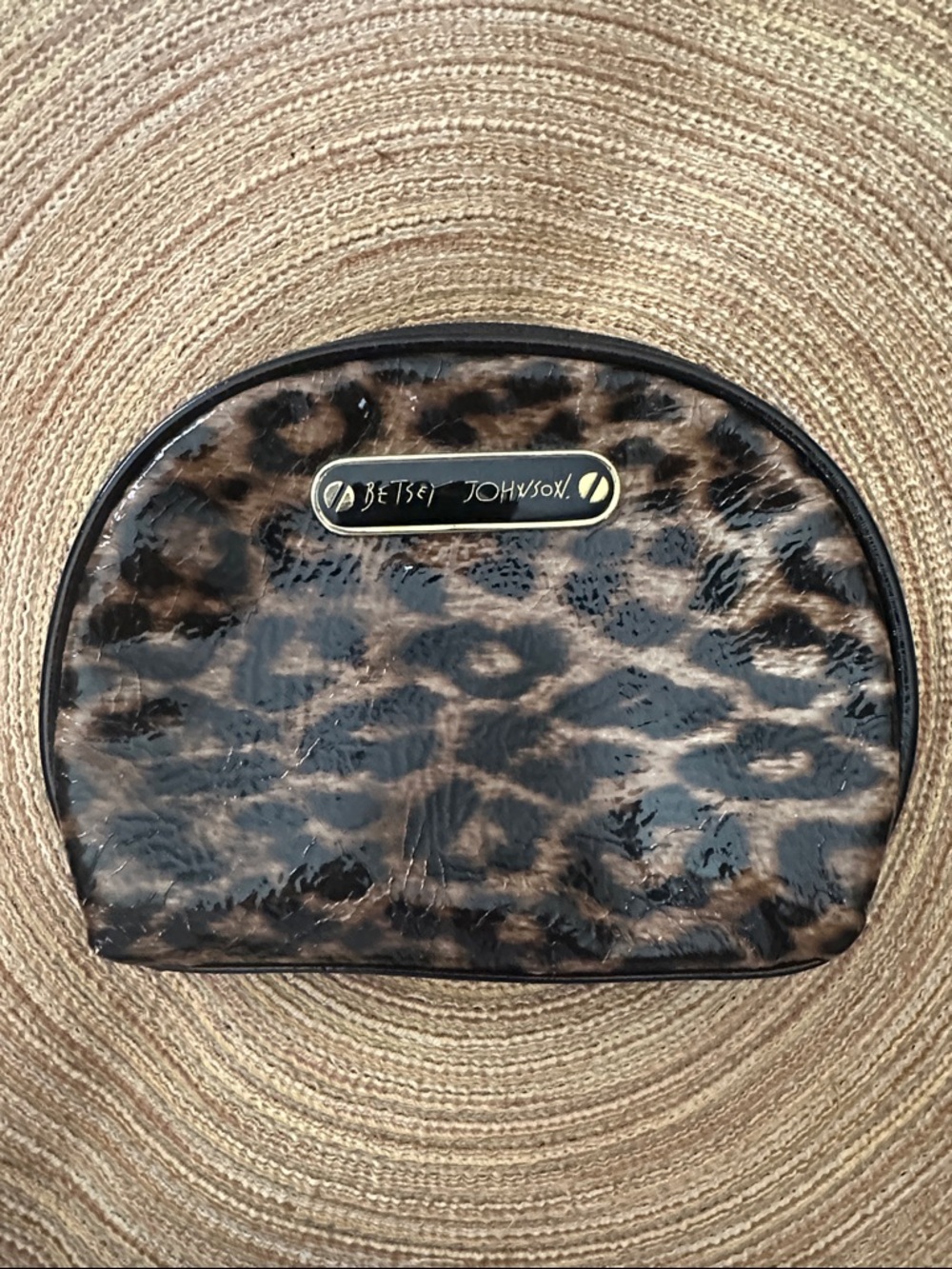 Betsey Johnson Leopard Print Glossy Cosmetic Pouch - Brown & Black